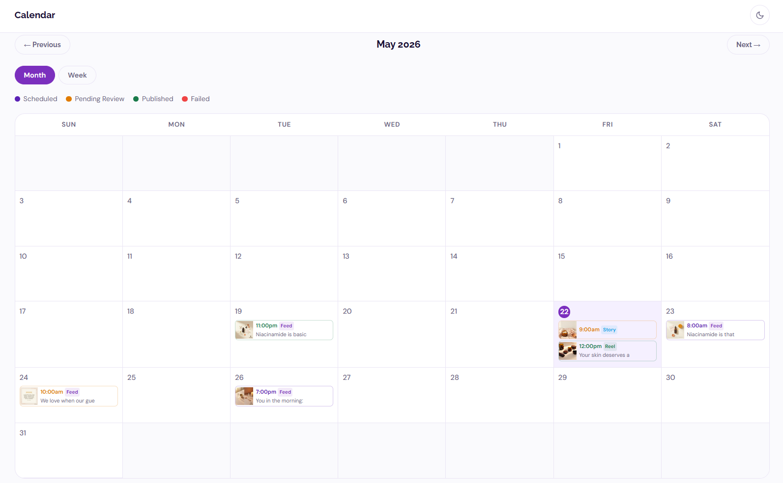 PostaiLit calendar view showing scheduled content
