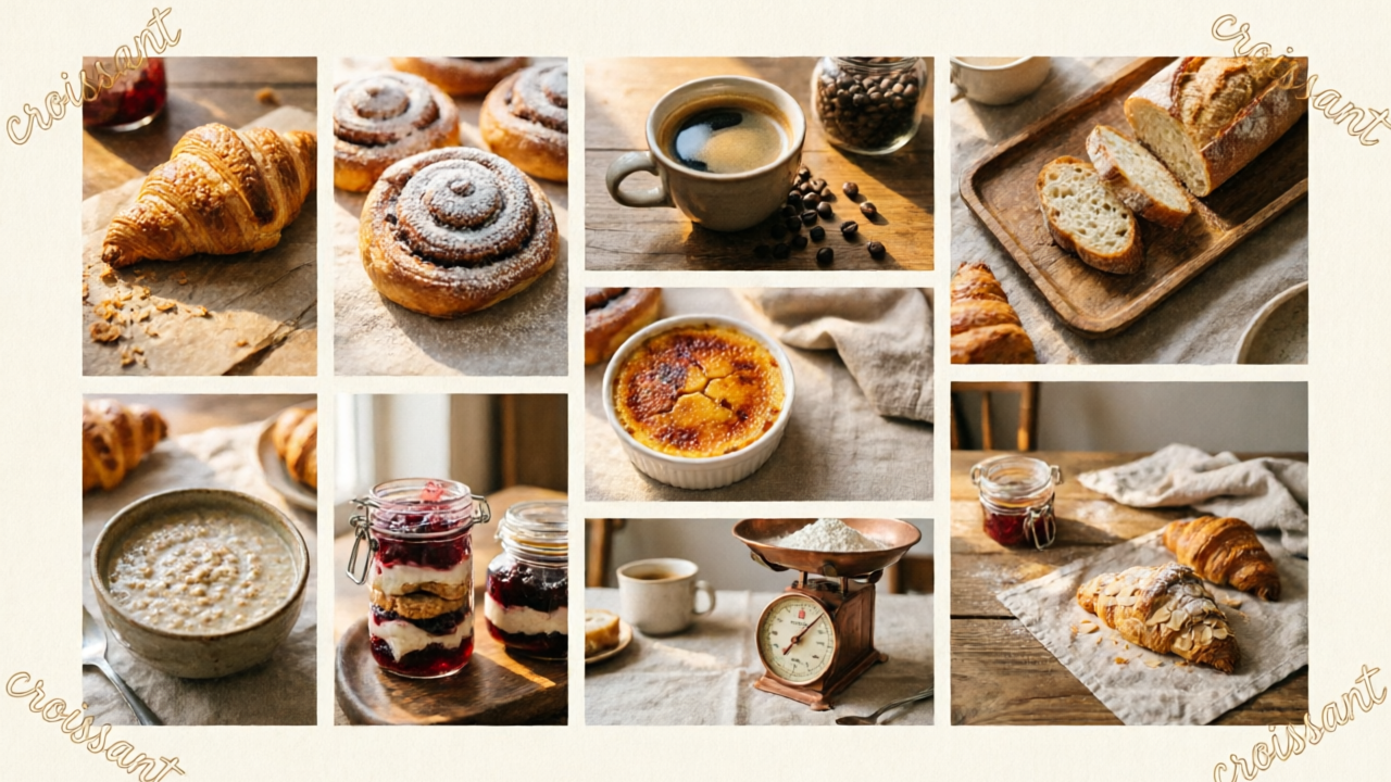 A bakery's Instagram grid showing 9 posts with consistent warm tones, gold accents, and a recognizable hand-drawn croissant logo throughout