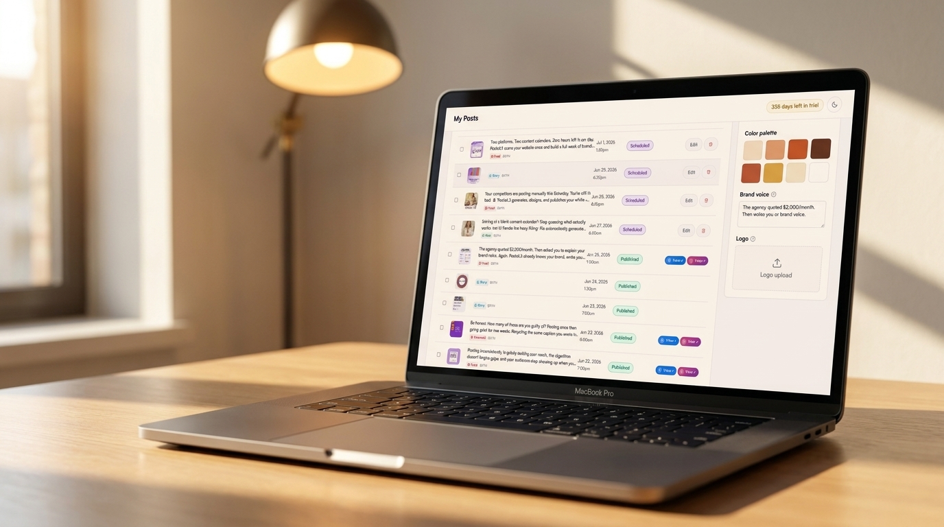A laptop screen showing PostaiLit's Brand Kit setup interface with colour swatches, logo upload area, and brand description fields