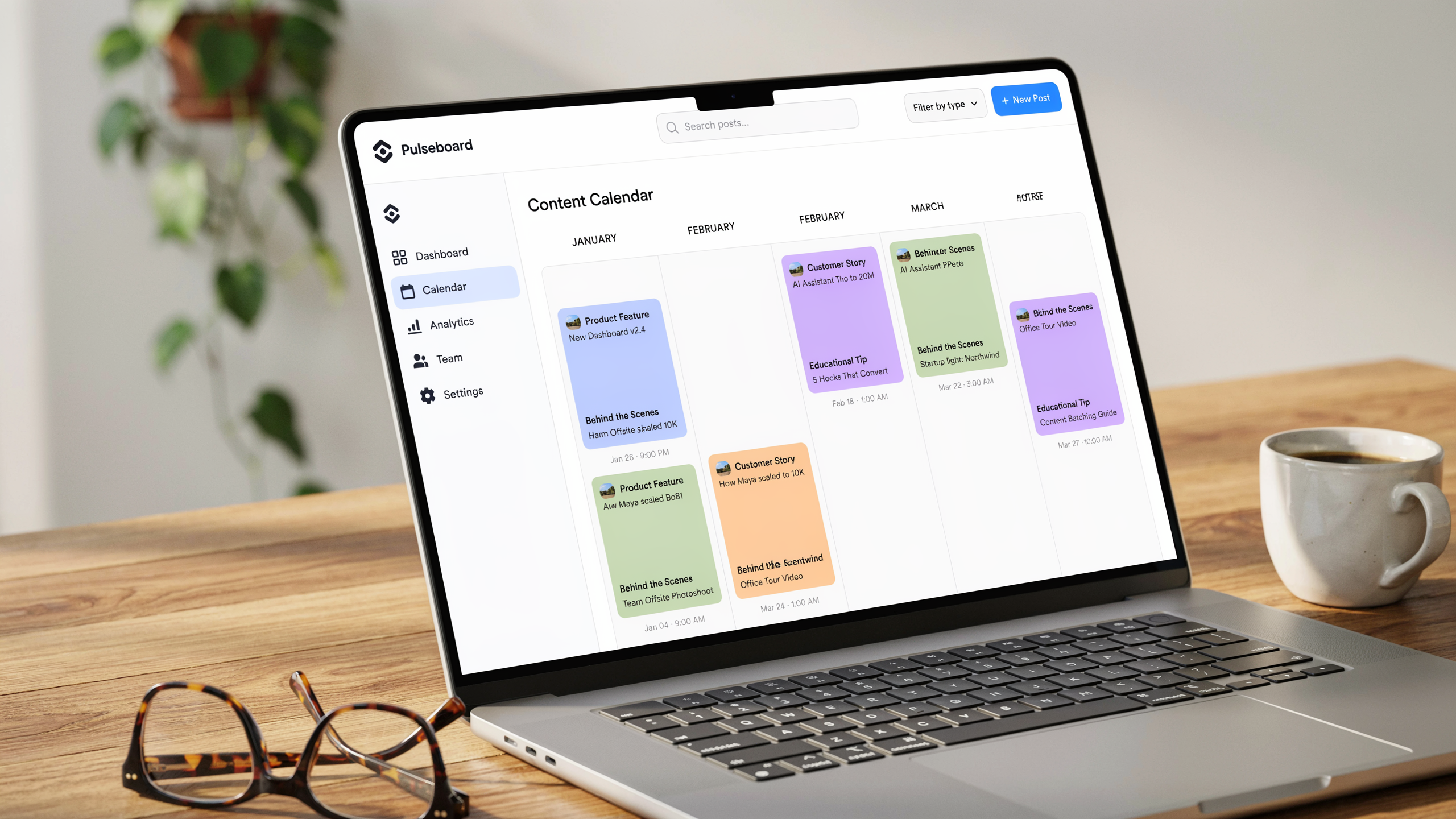 content calendar showing three months of planned posts with different content pillars color-coded