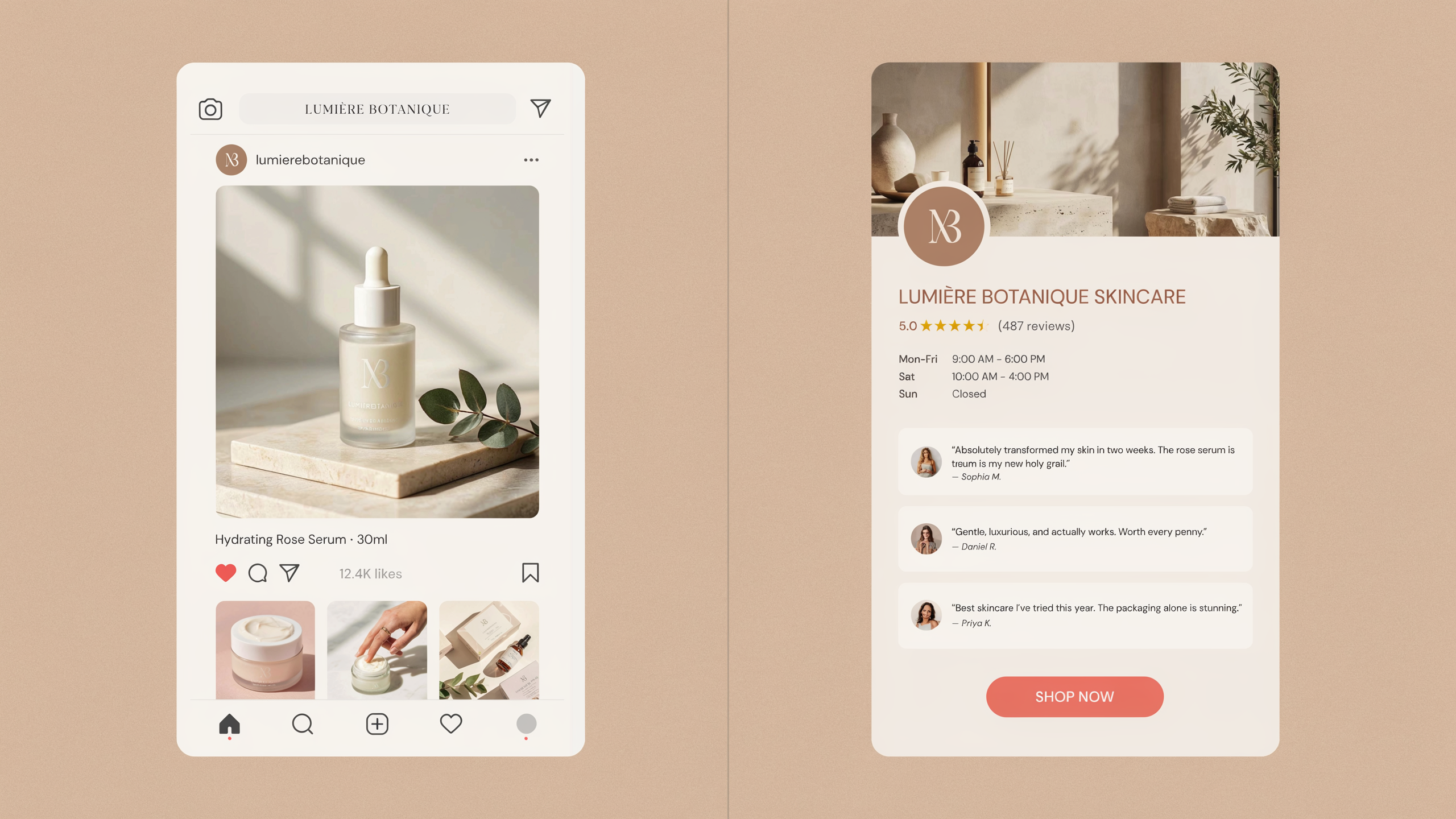 split screen showing a beauty product on Instagram with aspirational lifestyle imagery and the same business's Facebook page showing customer testimonials and local service details