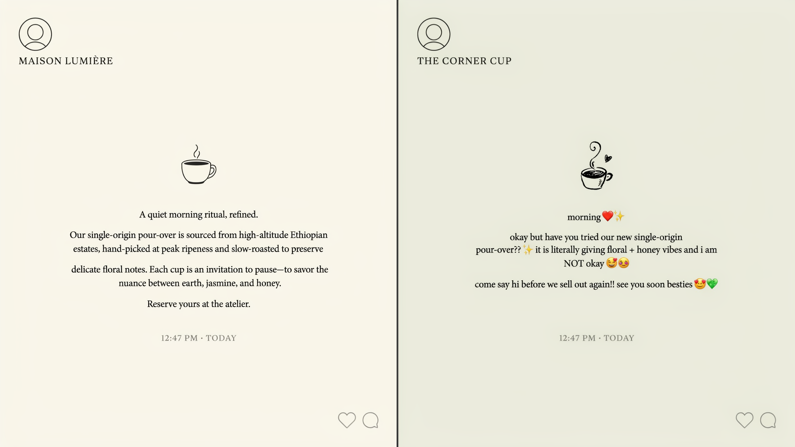 A comparison of two business captions on Instagram, one in a professional tone and one in a casual, friendly tone
