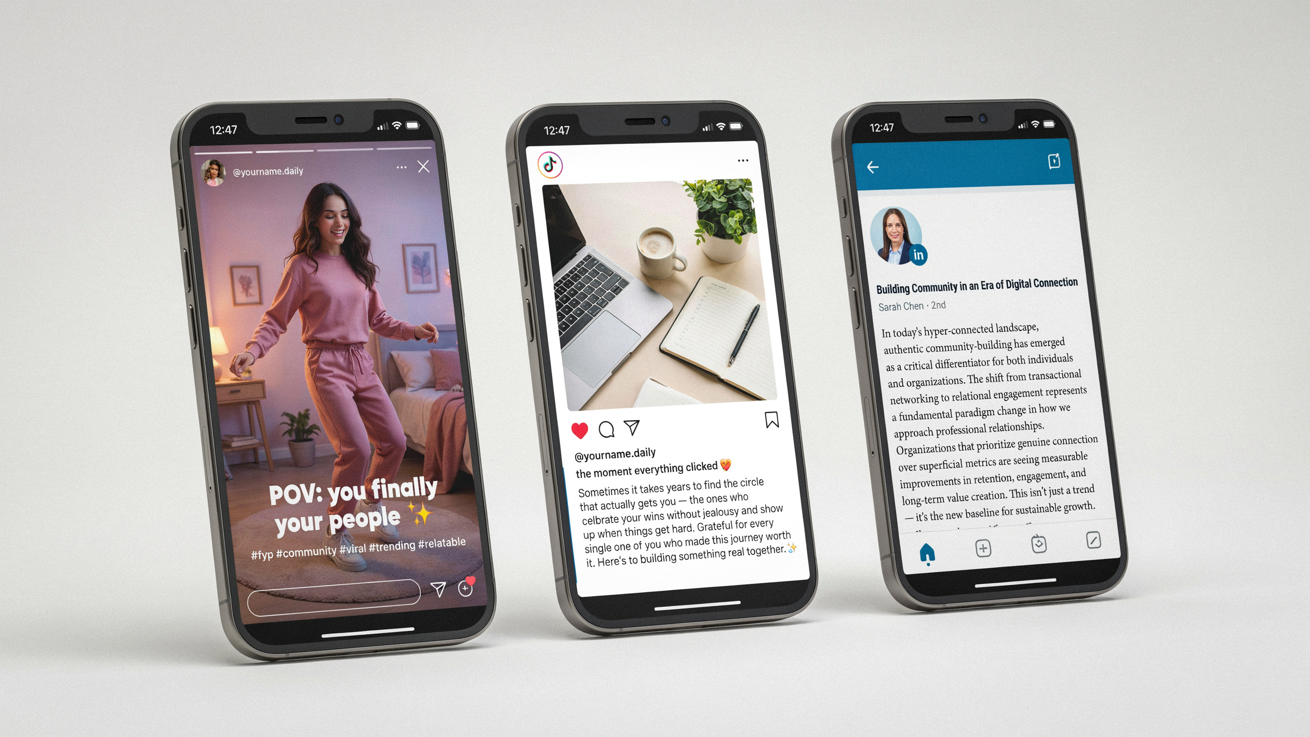 The same brand messaging adapted across TikTok, Instagram, and LinkedIn with different tones but consistent voice